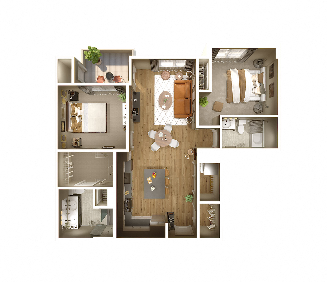 Floor plan for 2 beds, 2 baths, 1068 sqft